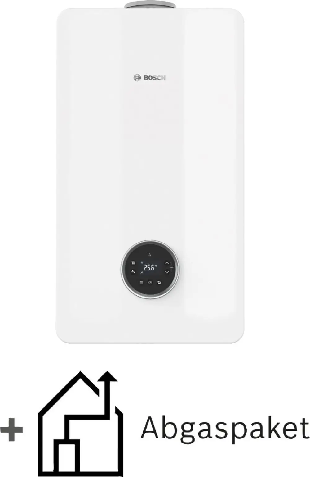 Weißes Heizgerät von Bosch mit digitalem Thermostat und Steuerungselement. Darunter ein Symbol für ein Abgaspaket und der Schriftzug "Abgaspaket".